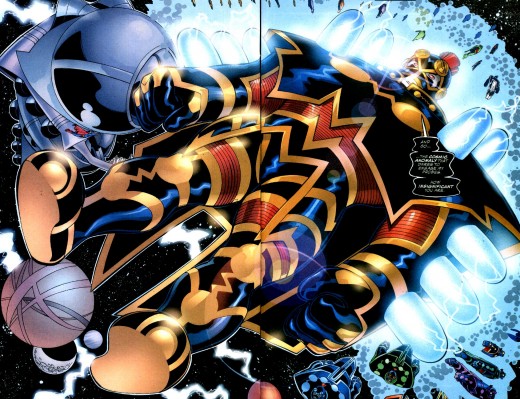 Imperiex and his small version probes surround him while you see Superman as a spec compared to him.