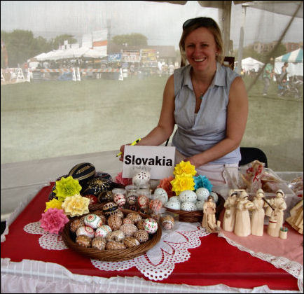 Slovakia. Showing off the beautifully carved and/or decorated eggs.