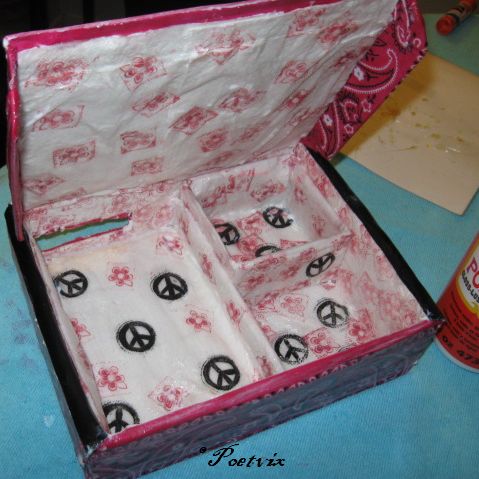 Lined upcycled DIY charging station from box, napkins and bandanna Lined upcycled DIY charging station from box, napkins and bandanna