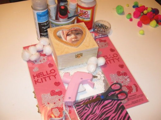 1 box, stickers, beads, napkins and Mod Podge