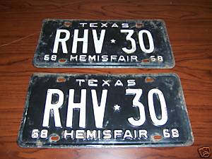Vintage pair of 1968 Texas License Plates showing the "Hemisfair" commemoration