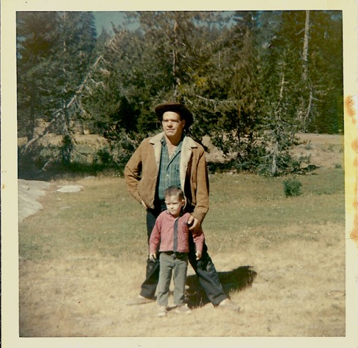 Dad and my brother, Scotty, at a camp site.  Dad is wearing his beloved moccasins.