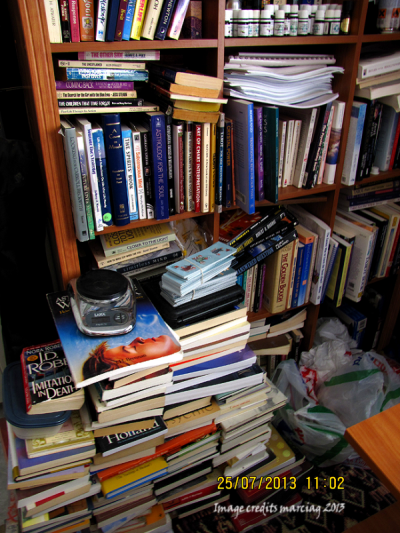 See why I started to get my Kindle reading material? My books are even on the floor!