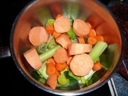 Chopped leeks, carrots and sweet potato.