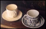 Knitted teacups, perhaps Debbie New's best-known work. Patterns are in Unexpected Knitting.