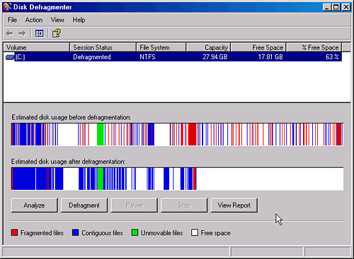 Windows XP disk defragmenter rounds up loose fragments and herds them back together where they belong