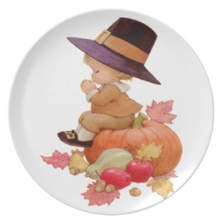 Vintage Pilgrim Boy Praying on Pumpkin Plate by Sandyspider on Zazzle