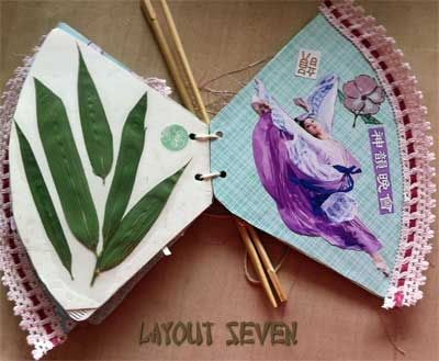 Page layout, open. Left side has pressed bamboo leaves (picked in Vancouver and dried in the microwave). Right side has image of Asian dancer and Asian lettering and words.