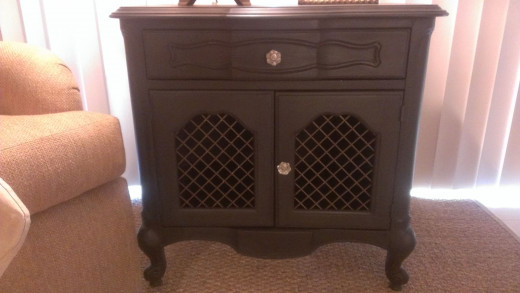 Lanai Side Table: (Originally badly painted; I repainted it black &amp; added crystal knobs) $50