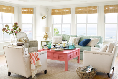 Beach House Family Room with Coral Table Accent
