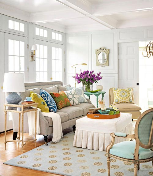 A little bit of everything. Tones of gray, white, blue, yellow, green, orange, lavender, gold and beige are surrounded by white from ceiling to floor.