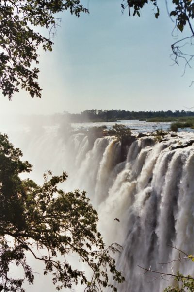The beautiful Victoria Falls are on the Zambezi River, which forms the border between Zambia and Zimbabwe.
