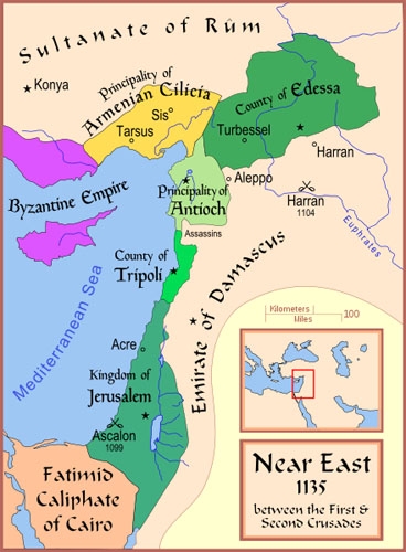 A Map of the Middle-East, with the Crusader States shown, in between the First and Second Crusades.