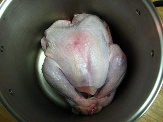 Our turkey just squeezed into the bottom of my giant stock pot!