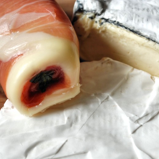 Prosciutto wrapped mozzarella, camembert and Le Pleine Lune (a soft cheese with an vegetable ash rind).