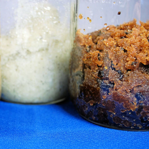 Two types of body sugars, in jars large enough to give them a good shake as they rest and the ingredients mingle.