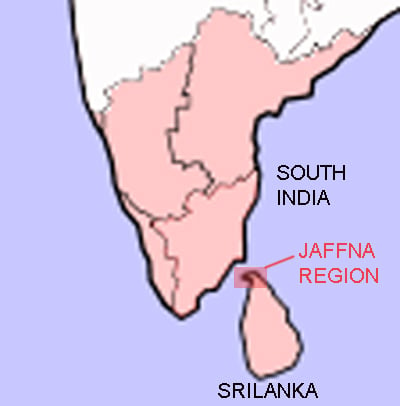 Map showing the location of Jaffna Region in relation to South India and Sri Lanka.