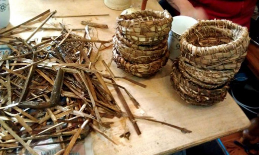 Some completed baskets and materials